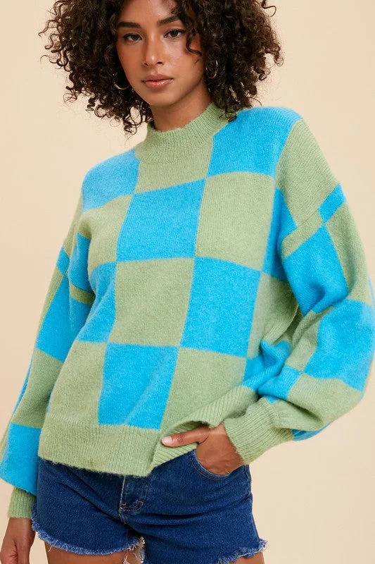 Aqua Mock Neck Checker SweaterFleece Knit Tops