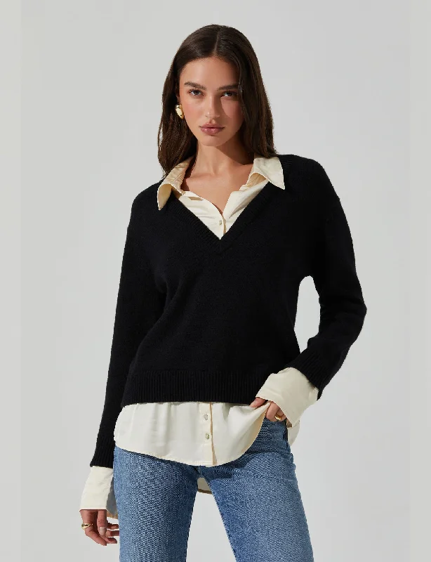 Jianna Layered Sweater, Black/CreamRuffled Knit Tops