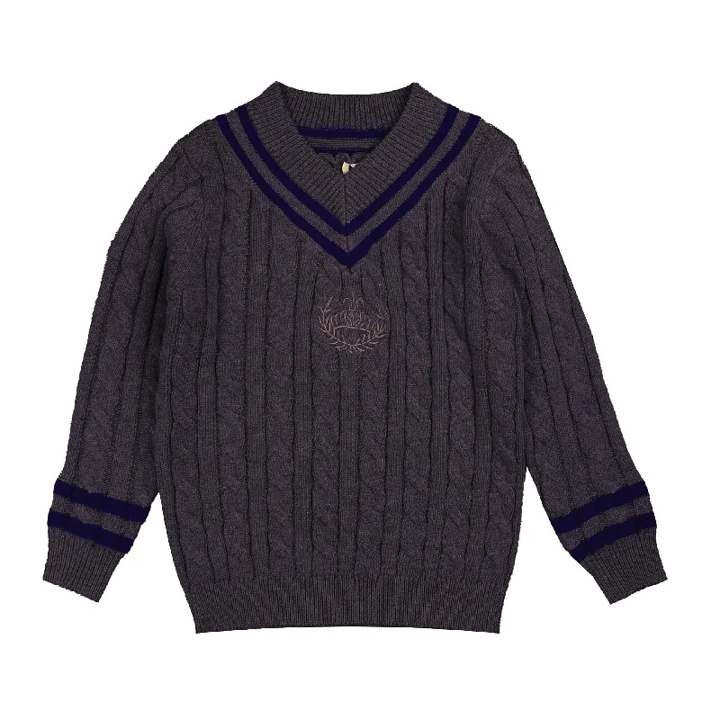 Belati Charcoal Cable V-Neck Emblem Knit (BKN380)Plush Knit Tops