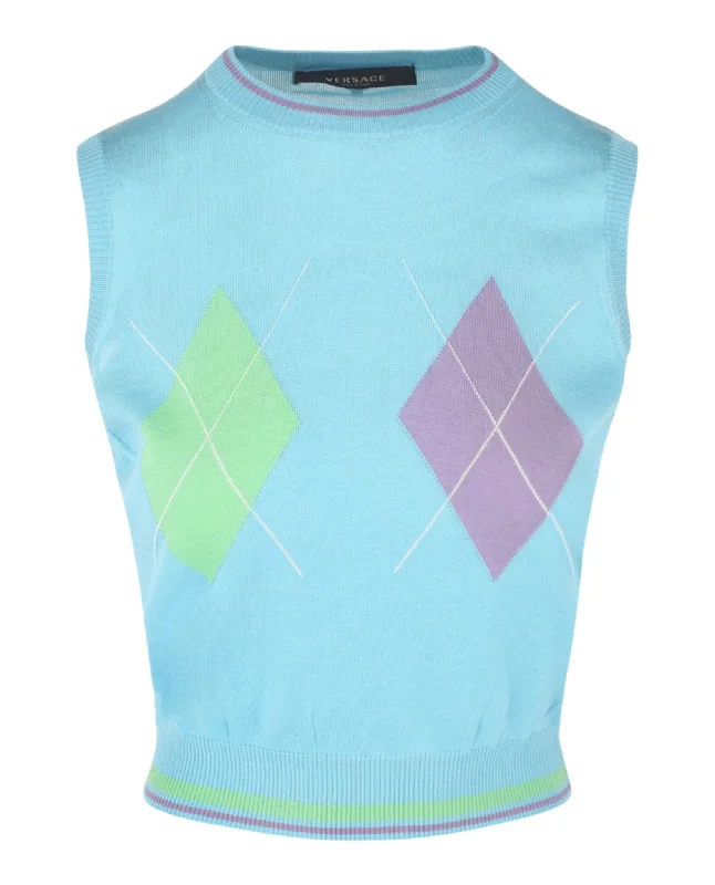 Versace Womens Sleeveless Argyle SweaterCable Knit Tops