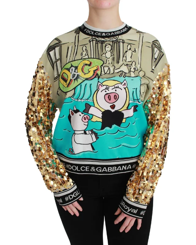 Dolce & Gabbana Sequined Crewneck Sweater with Year of the Pig MotiveFestival Knit Tops