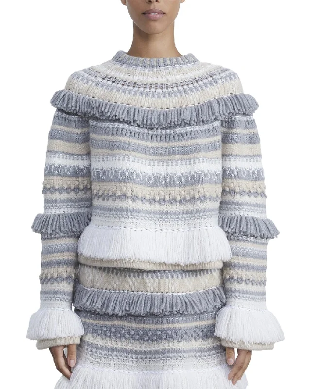 Lafayette 148 New York Fair Isle Fringe Wool SweaterLeather-Paneled Knit Tops