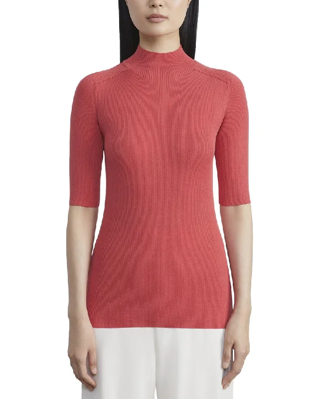 Lafayette 148 New York Ribbed Stand Collar SweaterMetallic Knit Tops