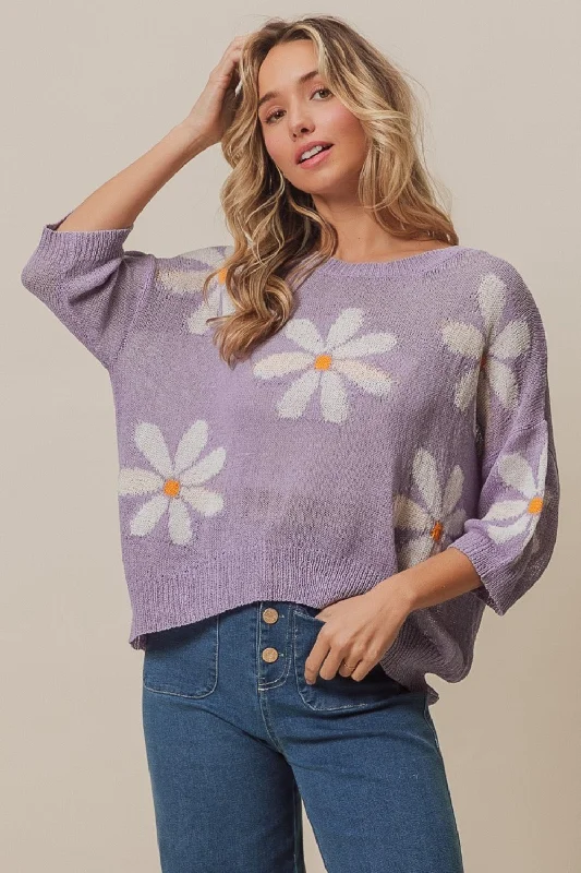 BiBi Floral Pattern Slit SweaterPerformance Knit Tops