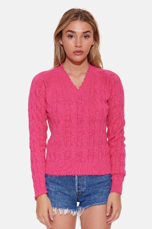 Amber Cable V Neck Sweater Beetroot PurpleFishing Knit Tops