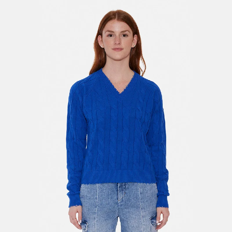 Amber Cable V Neck Sweater Bright BlueCollege Knit Tops