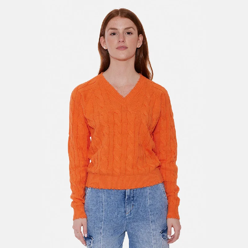 Amber Cable V Neck Sweater Bright OrangePunk Knit Tops