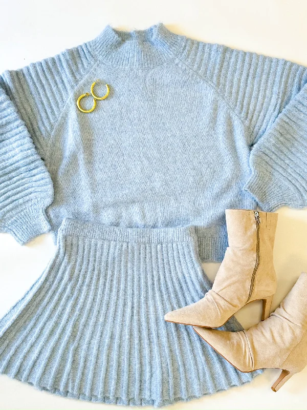 Blue Gabrielle Balloon Sleeve Knit Sweater Skirt SetThermal Knit Tops