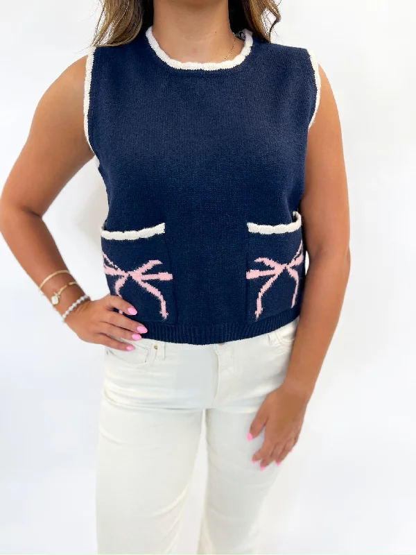 Bow Pocketed Navy SweaterLace-Up Knit Tops