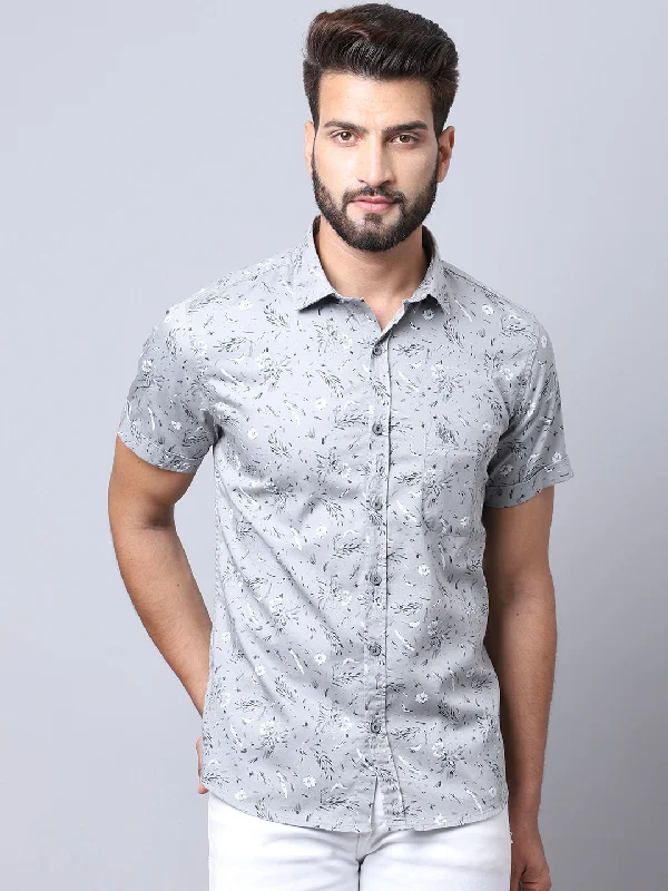 Men's Light Grey Casual Floral Print Half Sleeve ShirtV-Neck Knit Tops