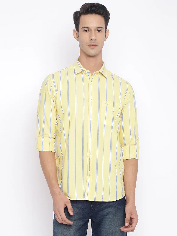 Men's Lemon Yellow Casual Broad Stripe Full Sleeve ShirtSpring Knit Tops