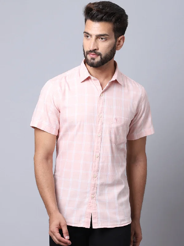 Men's Light Pink Casual Medium Checks Half Sleeve ShirtAcrylic Knit Tops