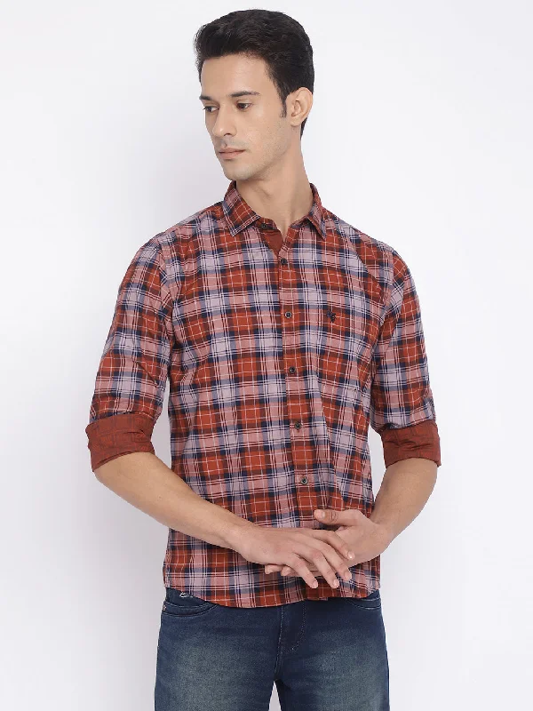 Men's Rust Casual Medium Checks Full Sleeve ShirtHunting Knit Tops