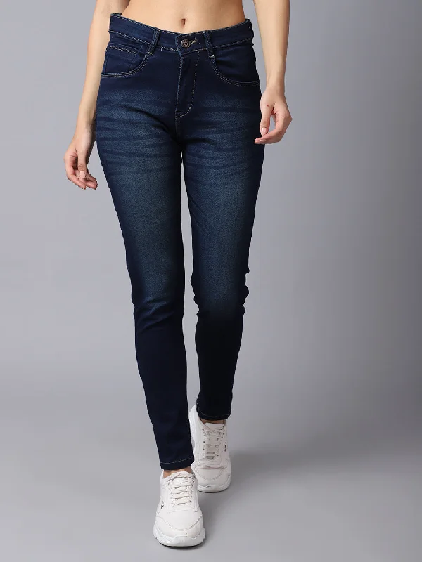 Women's Casual Skinny Fit Dark Mercerised Blue Light Fade Mid rise JeansAsymmetrical Knit Tops