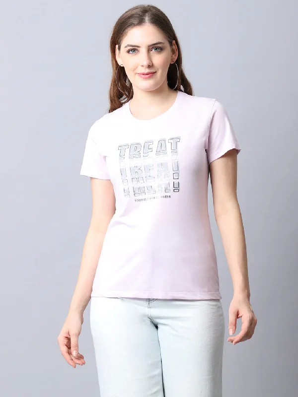 Women's Casual Regular Short Sleeve Mauve Round neck Typographic Print T-ShirtLeather-Paneled Knit Tops