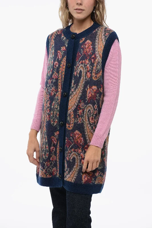 Etro Buttoned Maxi Vest with Paisley MotifStriped Knit Tops