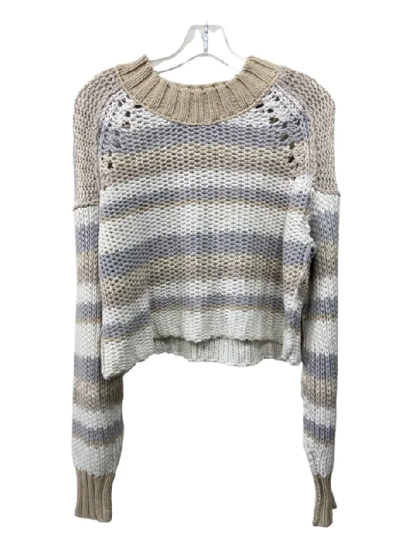 Free People Size S Beige, White & Gray Cotton & Acrylic Rib Knit Crop SweaterYoga Knit Tops