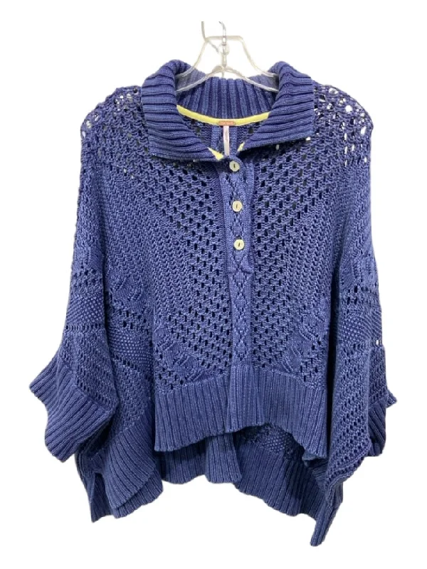 Free People Size XS Blue Cotton Half Button Crop Ribbed High Neck SweaterCashmere Knit Tops