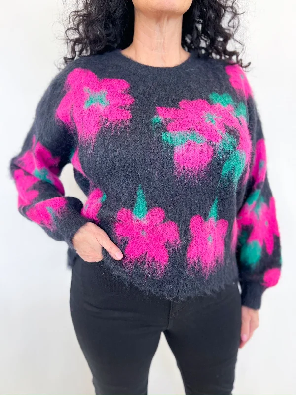 Fuchsia Floral Distressed SweaterSheer Knit Tops