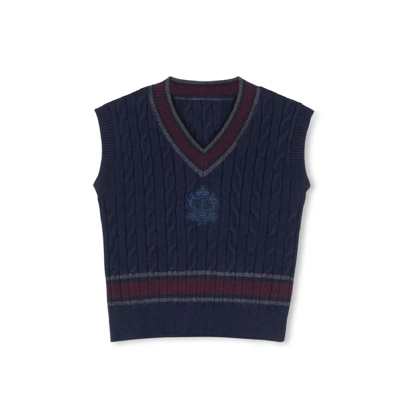 Harper James  Navy Cable Knit Striped Trimming VestAsymmetrical Knit Tops