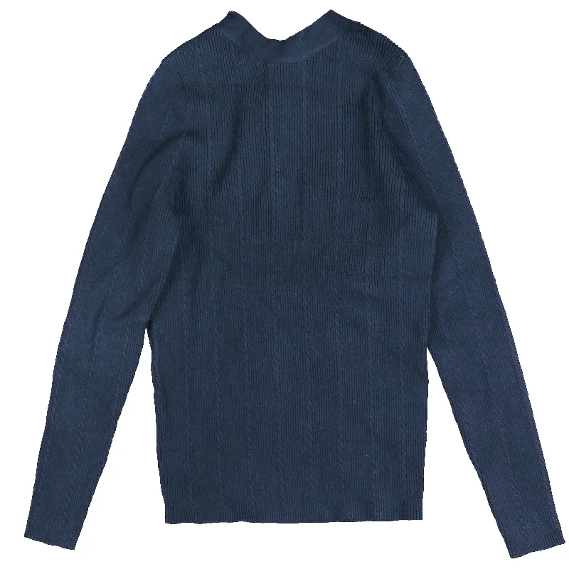 Hev Navy Mock Neck Knit With Back ButtonsVelvet Knit Tops