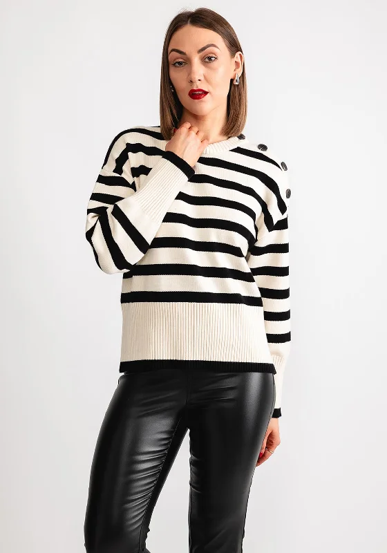 Kaffe Marie Striped Button Knit Jumper, Off White & BlackKnit Sweater