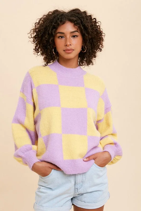 Lavender Mock Neck Checker SweaterPlush Knit Tops