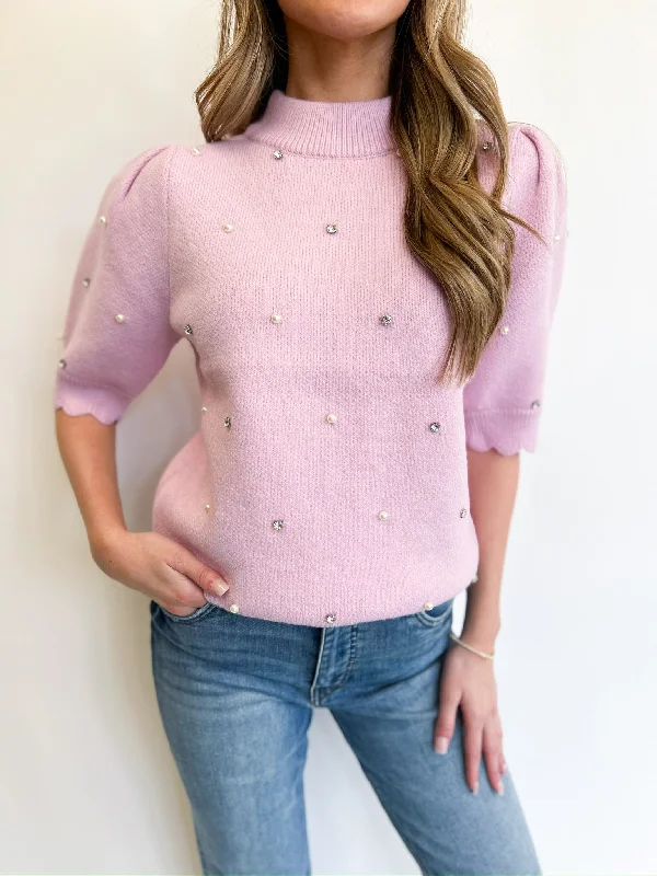 Lilac Scallop Embellished Knit SweaterRecycled Fabric Knit Tops