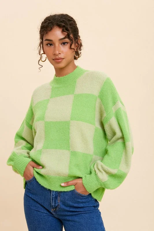 Lime Mock Neck Checker SweaterVelvet Knit Tops