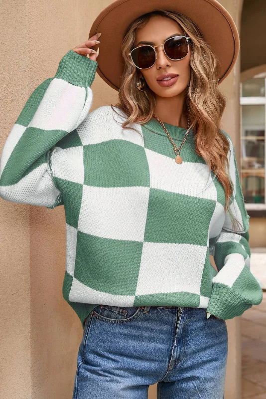 Checkered Bishop Sleeve SweaterStreetwear Knit Tops