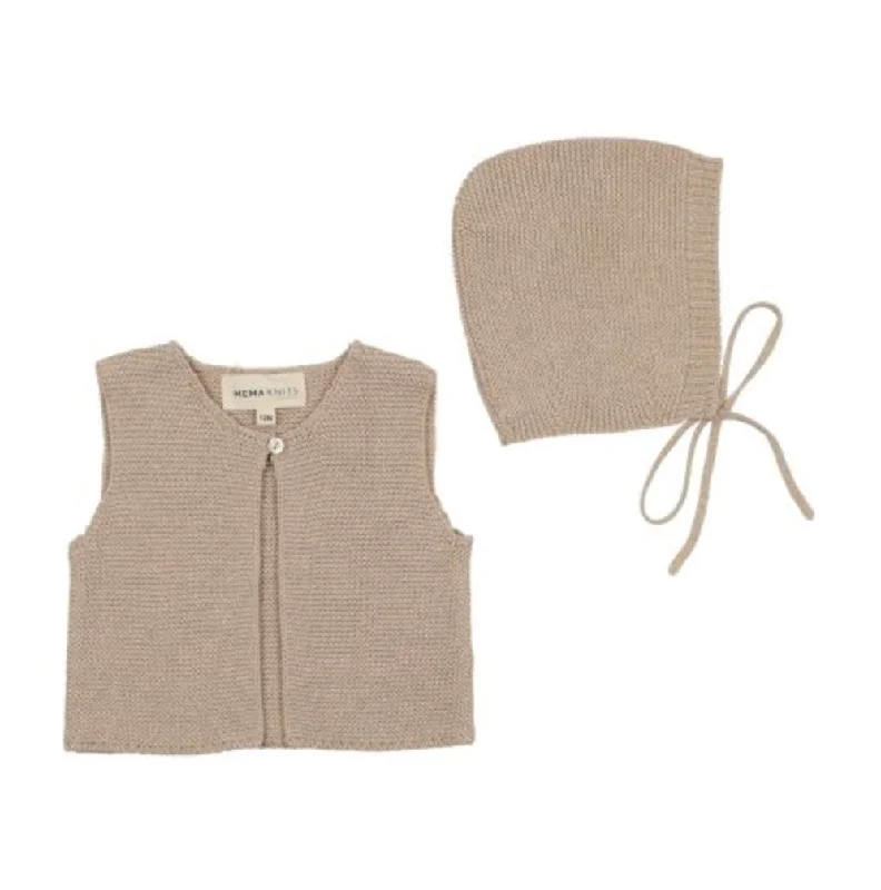 Mema Knits Oatmeal Knit One Button Crop VestBoat Neck Knit Tops