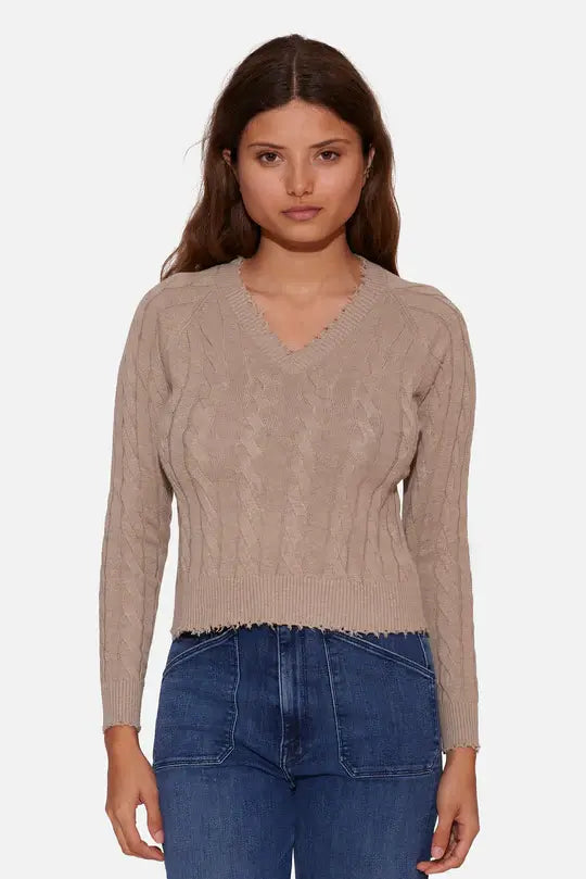 Amber Cable V Neck Sweater BeigeHunting Knit Tops