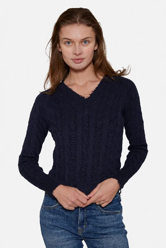 Amber Cable V Neck Sweater NavyRunning Knit Tops