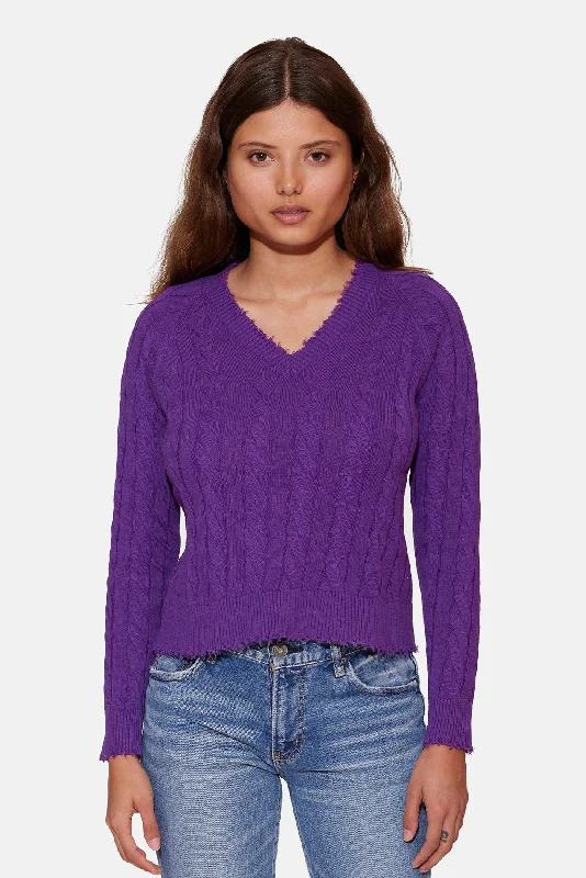 Amber Cable V Neck Sweater PurpleDesigner Knit Tops