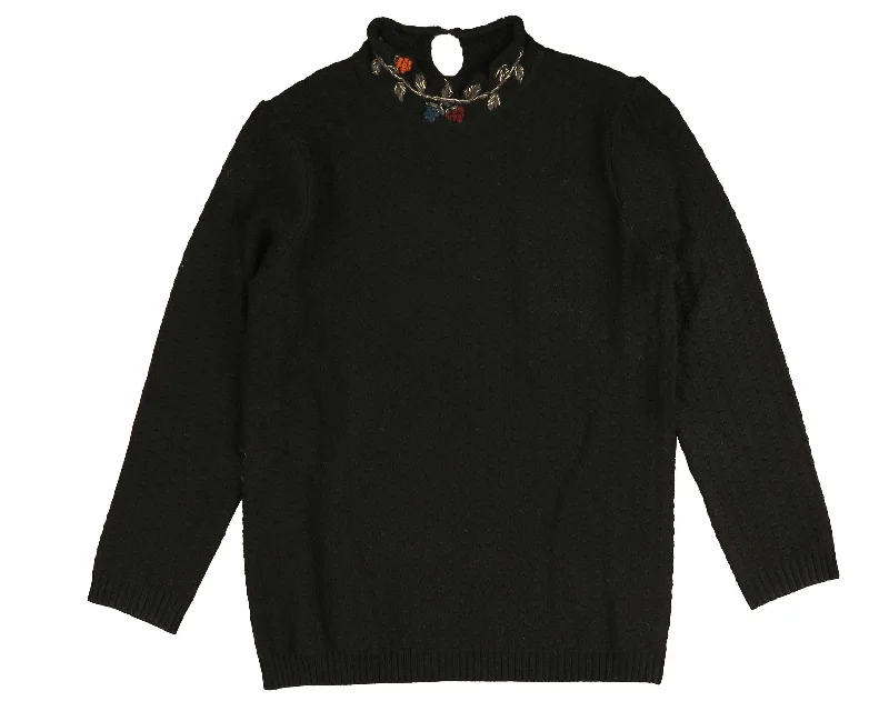 Noma Black Floral Embroided Neck Turtleneck (NKN752)Bamboo Knit Tops