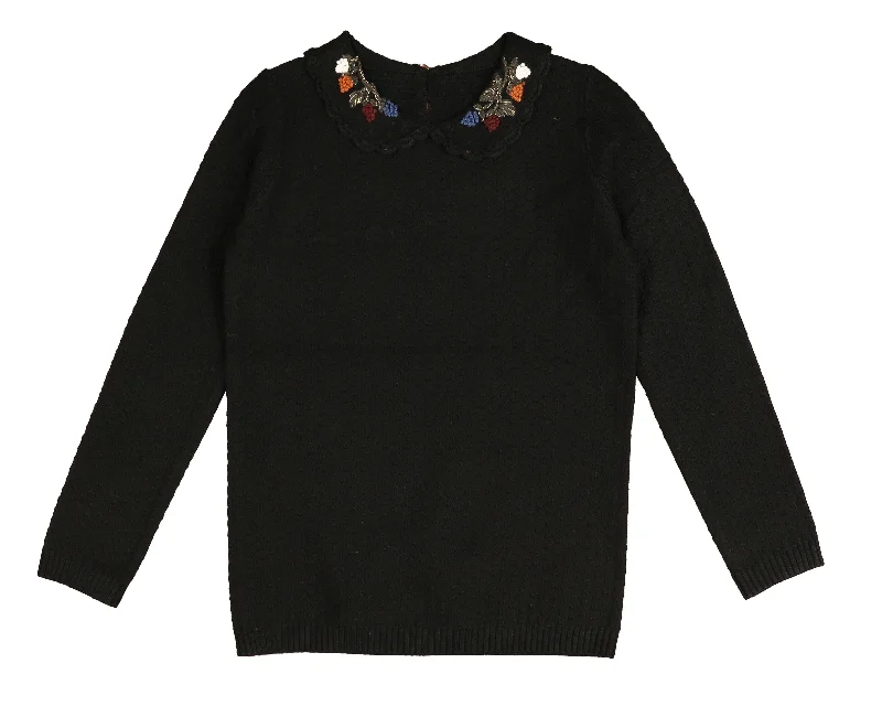 Noma Black Floral Embroided Peter Pan Knit (NKN758)Outdoor Knit Tops