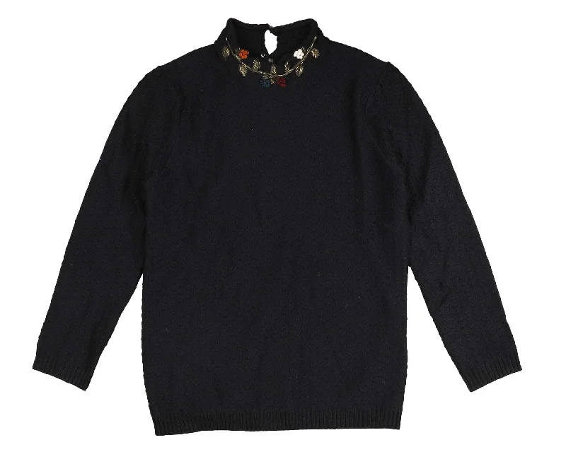 Noma Navy Floral Embroided Neck Turtleneck (NKN752)Festival Knit Tops