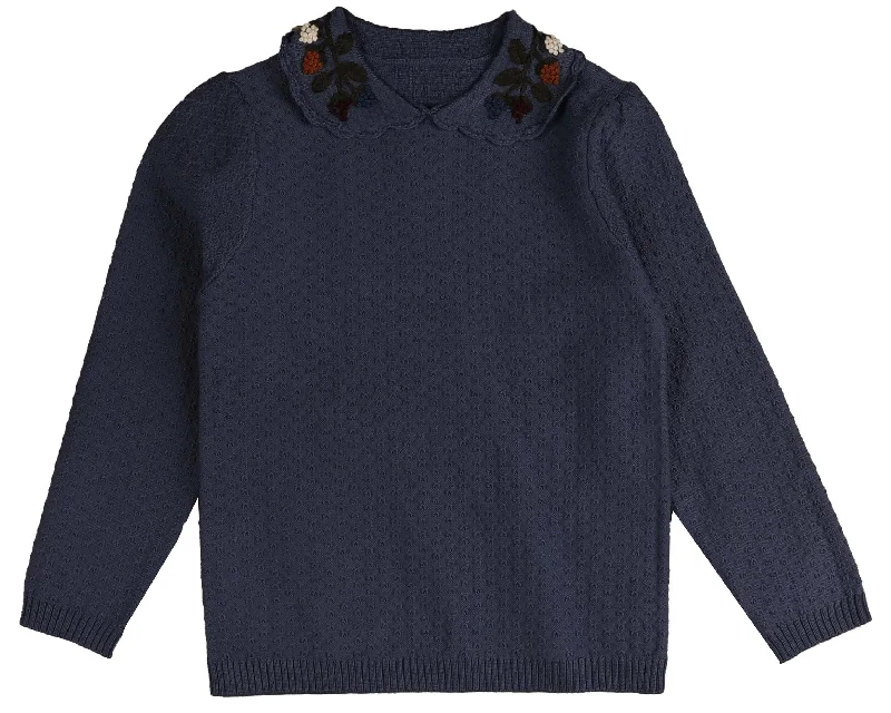 Noma Navy Floral Embroided Peter Pan Knit (NKN758)Travel Knit Tops