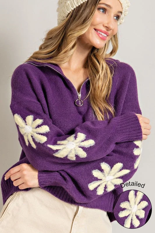 Purple Quarter Zip Flower Detail SweaterCable Knit Tops