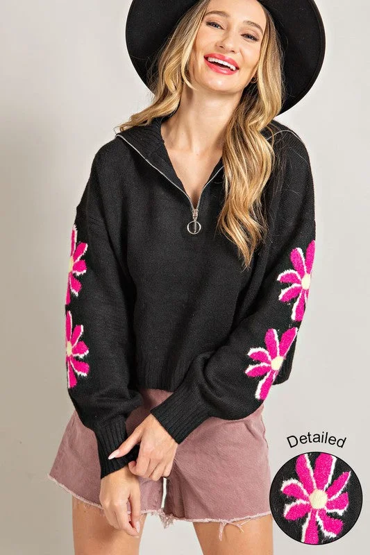 Black Quarter Zip Flower Detail SweaterLinen Knit Tops