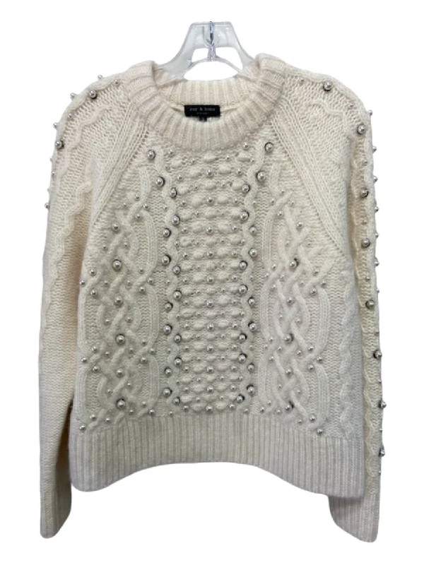 Rag & Bone Size S White Merino Wool Blend Pearls Cable Knit Raglan SweaterRetro Knit Tops