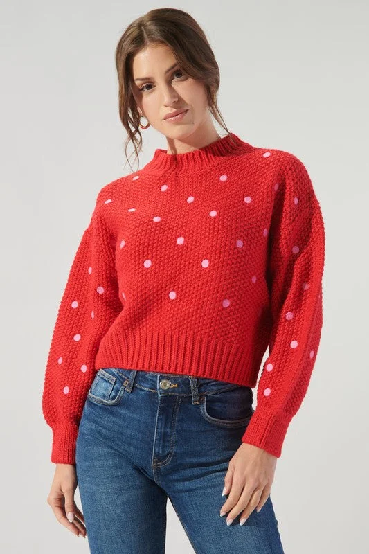 Red-Pink Minnie Embroidered Dot SweaterRibbed Cuff Knit Tops