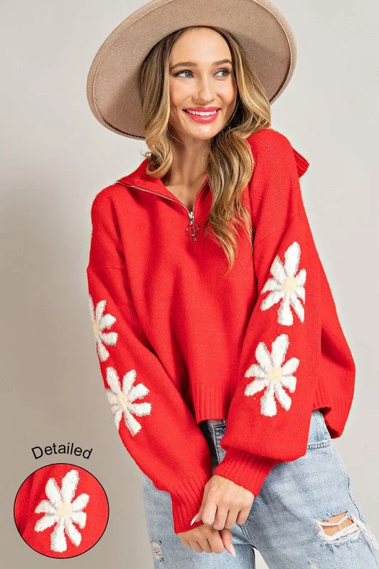 Red Quarter Zip Flower Detail SweaterCashmere Knit Tops