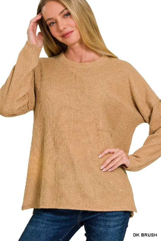 Ribbed Brush Ally Sweater w/PocketThermal Knit Tops