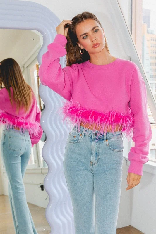 Fuchsia Sweatshirt With Feather TrimThermal Knit Tops