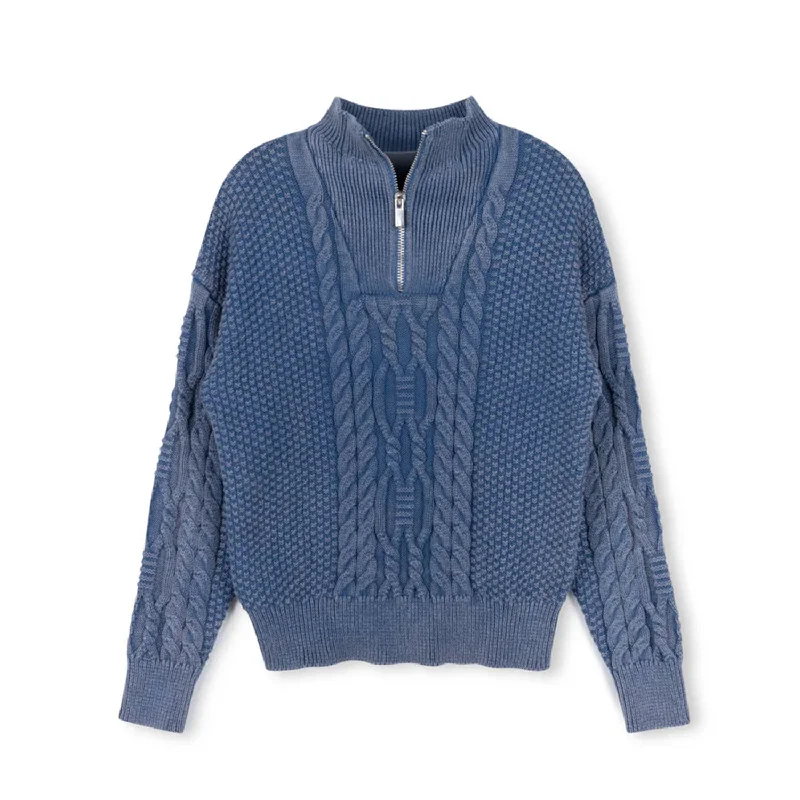 Vibe Blue Textured Knit Wash Half Zip SweaterHigh-Fashion Knit Tops