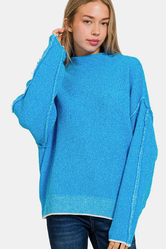 Zenana Exposed Seam Mock Neck Long Sleeve SweaterCamping Knit Tops