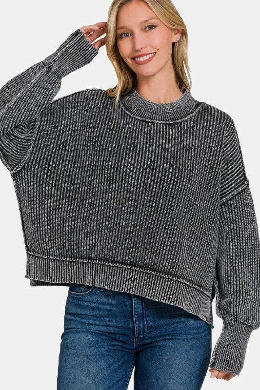 Zenana Exposed Seam Round Neck Dropped Shoulder SweaterCycling Knit Tops